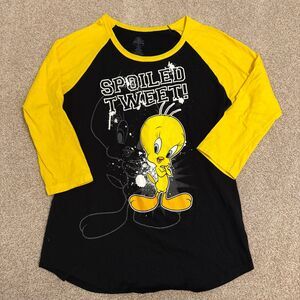 Looney Tunes Tweety Bird Raglan Tee Junior XXL‎ Black Yellow Spoiled Tweet Shirt